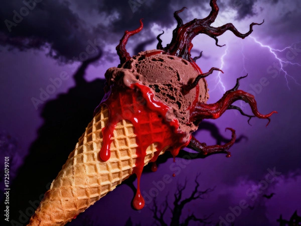 Fototapeta Spooky chocolate ice cream cone with dripping red syrup and thunderstorm background. Halloween dessert