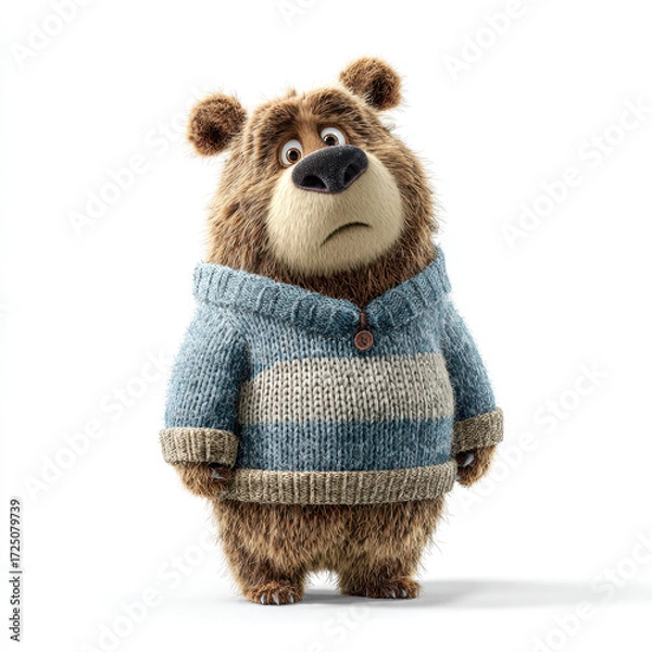 Obraz Cute bear wearing cozy sweater stands upright, showcasing its fluffy fur and expressive face. bear gentle demeanor evokes warmth and friendliness, making it endearing character