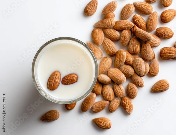 Obraz Glass of milk with almonds scattered around creates wholesome and nutritious scene. creamy texture of milk complements crunchy almonds, making it appealing snack option