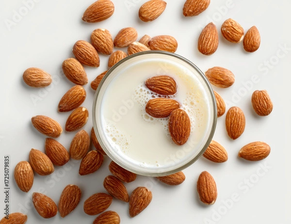 Obraz Glass of milk surrounded by almonds creates wholesome and nutritious scene, highlighting natural textures and colors of ingredients. This composition evokes sense of health and vitality