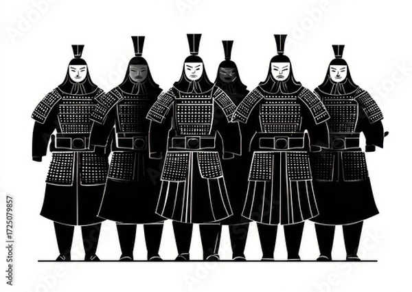 Obraz Ancient Chinese soldiers in armor stand in formation, showcasing their intricate designs and historical significance. Their expressions convey strength and unity, representing powerful era