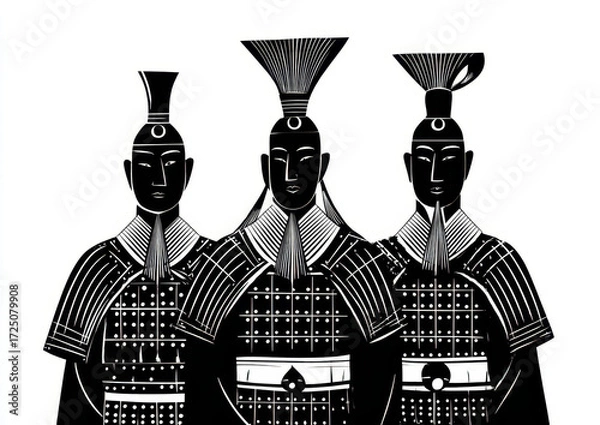 Obraz Ancient Chinese soldiers in armor stand together, showcasing their unique hairstyles and intricate armor designs. image captures sense of strength and unity among these historical figures