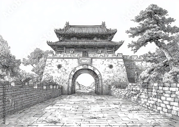 Obraz Detailed illustration of ancient Chinese city gate, showcasing intricate architectural features and surrounding landscape. scene evokes sense of history and cultural significance