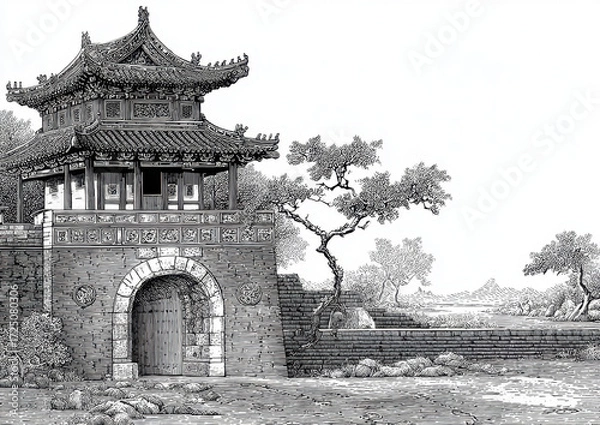 Obraz Ancient Chinese city gate illustration features intricate architecture, surrounded by nature, showcasing traditional design elements and serene landscape
