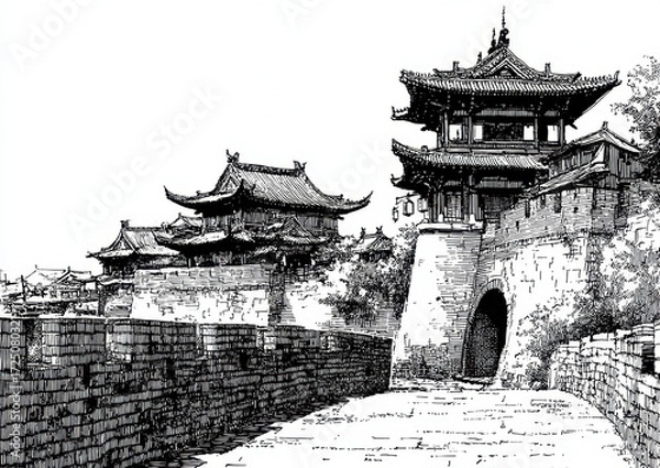 Obraz Ancient city gate illustration showcases traditional architecture with intricate details, surrounded by stone walls and serene pathway, evoking sense of history and culture