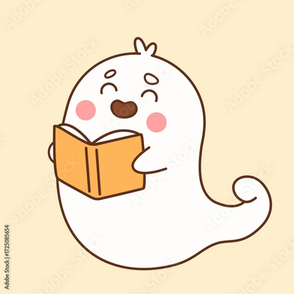 Obraz Cute Halloween ghost reading a book. Vector illustration.