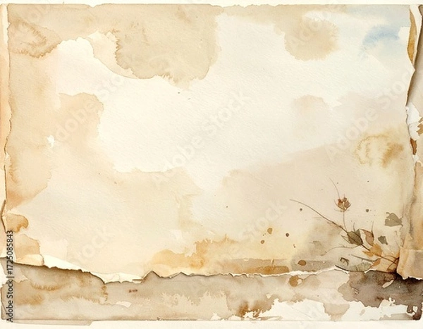 Fototapeta Aged paper with watercolor washes and a delicate floral element