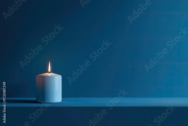 Fototapeta Single white candle on a shelf against a deep blue textured wall.  Soft light highlights the flame