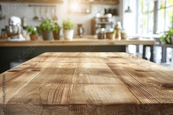 Fototapeta Empty Beautiful wood table top and blur bokeh modern kitchen interior background in clean and bright, Ready for product montage