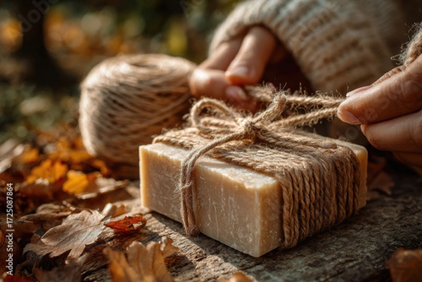 Obraz Ethical Autumn Gifting, handmade biodegradable soap bar tied with twine by hand on rustic wood among fallen leaves, warm-toned natural textures and mindful outdoor packaging for clean