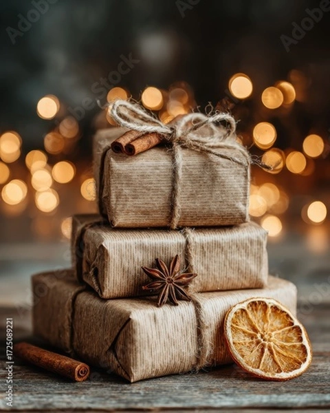Obraz Ethical Autumn Gifting, rustic jute-tied gift boxes stacked with dried orange, cinnamon, and star anise, warm-toned festive lighting and sustainable textures for cozy, zero-waste holiday presentation