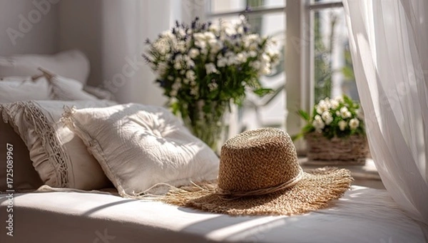 Fototapeta Sunlight streams into a bedroom, illuminating a bed with cream-colored linens,  a straw hat, and a bouquet of flowers