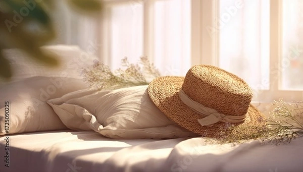 Fototapeta Straw hat rests on bed by window, sunlight