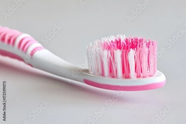 Fototapeta Close-up of a toothbrush head, featuring a white handle with pink accents and bristles