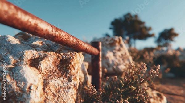 Fototapeta Rustic weathered railing overlooks rocky terrain and distant trees under a clear blue sky