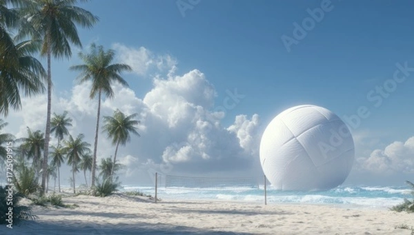 Fototapeta Beach volleyball scene, large white sphere