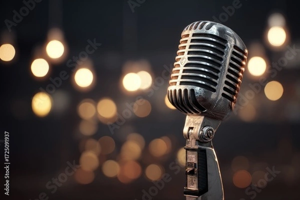 Fototapeta Vintage microphone against a blurred background of warm lights