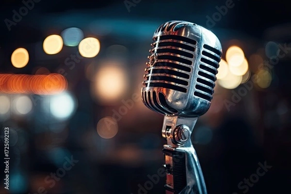 Fototapeta Vintage microphone against a blurred background of city lights.  A retro style microphone, metal grill, and a stand are in sharp focus against out-of-focus lights of an indoor venue