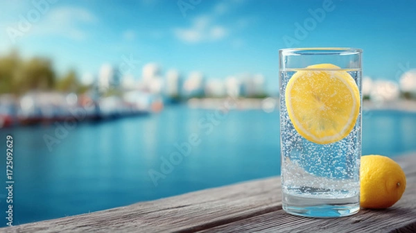 Fototapeta Refreshing lemon infused sparkling water with bubbly effervescence by the vibrant blue ocean and city skyline