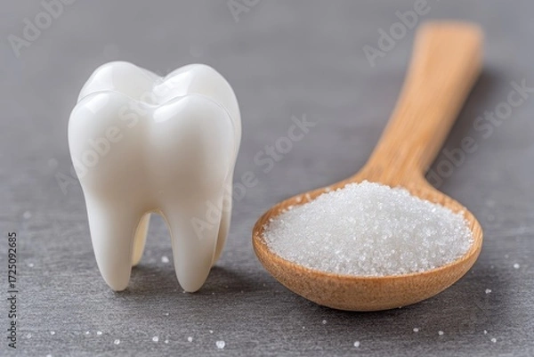 Fototapeta White tooth figurine beside a wooden spoon filled with granulated sugar