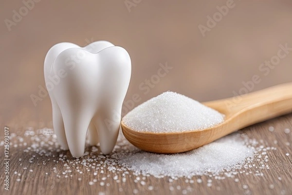 Fototapeta White tooth model beside wooden spoon of granulated sugar on a wooden table