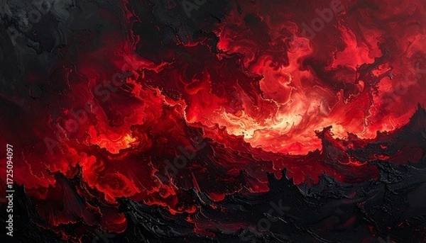 Fototapeta Swirling red and black clouds evoke apocalyptic energy, chaos, and fiery transformation over jagged terrain.