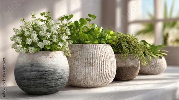 Fototapeta Serene potted plants creating a tranquil ambiance in a sunlit room enhancing modern home decor