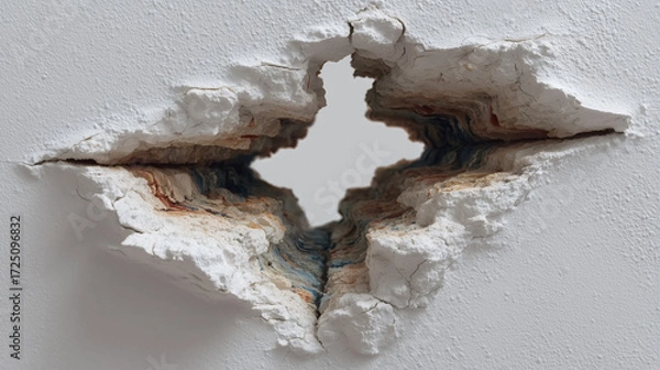 Fototapeta Revealing vibrant textures and abstract depth through a fractured white wall surface