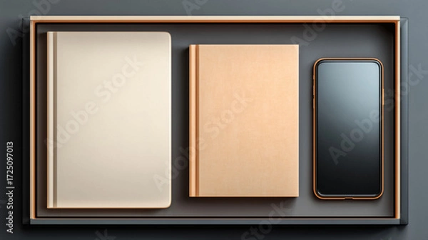 Fototapeta Modern minimalist desk setup with premium notebooks and smartphone for professional productivity and planning