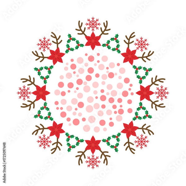 Obraz A decorative, vector illustration of a traditional Christmas wreath on a beige background, composed of red poinsettias, holly, snowflakes, and reindeer antlers surrounding