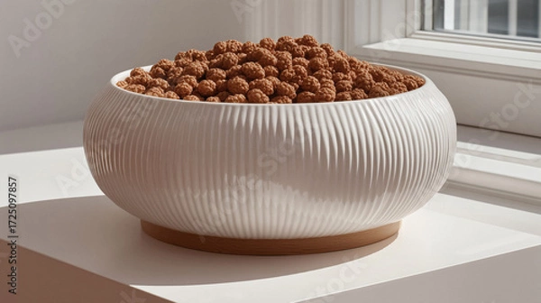 Fototapeta Gourmet chocolate clusters piled high in a modern white ribbed bowl with a wooden base bathed in soft window light