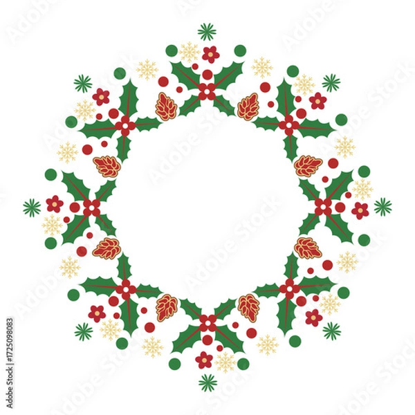 Obraz Modern Christmas Wreath Vector Illustration on Black Background with Blue Winter Flowers and 'Merry Christmas' Text