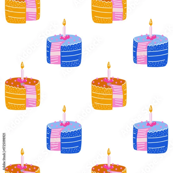 Fototapeta Seamless pattern with birthday cakes and candles, festive dessert background vector illustration.