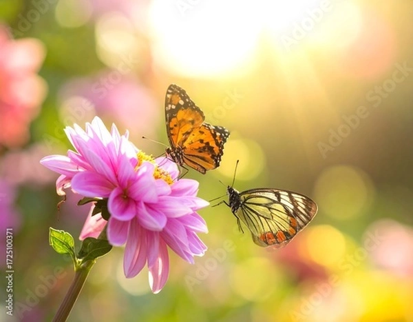 Fototapeta Butterflies on Pink Dahlia Flower.