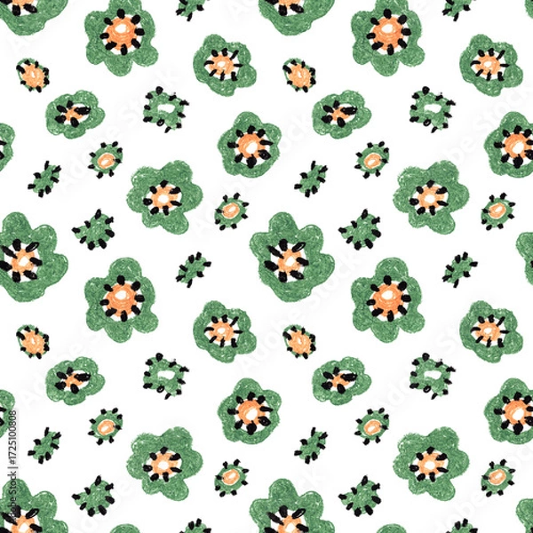 Fototapeta Seamless pattern with abstract flowers. Green petals with black details. Decorative botanical design. Hand drawn illustration.