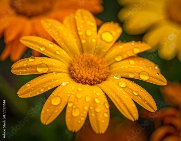 Fototapeta Close Up of a Vibrant Orange Flower with Dew Drops.
