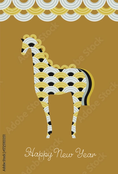 Fototapeta 華やかな新年：青海波紋の模様を纏った馬の幻想的でシンプルな年賀状素材（午年）