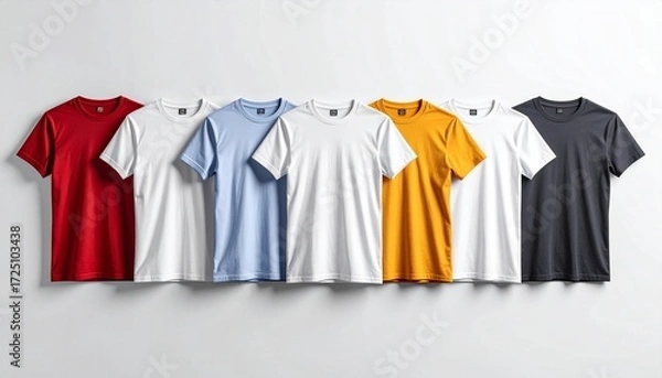 Fototapeta Row of six solid-color t-shirts on wooden hangers against white background, showcasing casual fashion variety.