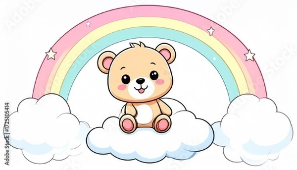 Obraz くまと虹のイラスト、雲に座るテディベア、パステルカラーの空、可愛いキャラクターイラスト、キッズ向けデザイン素材、赤ちゃん向けイラスト、手描き風デジタルアート、メルヘンな雲と星、絵本のようなイラスト、ベビーグッズ用デザイン、夢のような空背景、パステル調のくま、カートゥーン風キャラクター、ファンシーな動物イラスト、ホワイト背景のベア
