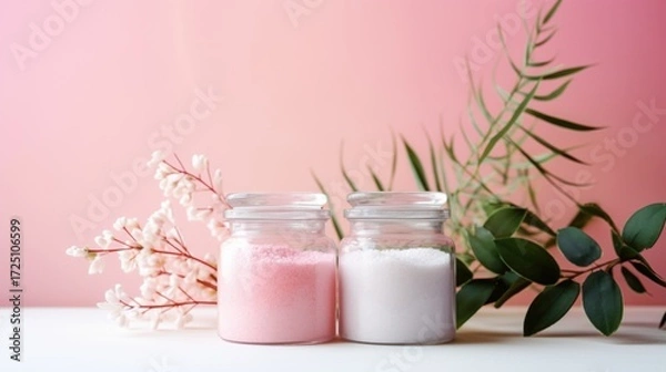 Obraz two glass jars with bath salts with some plants on the side