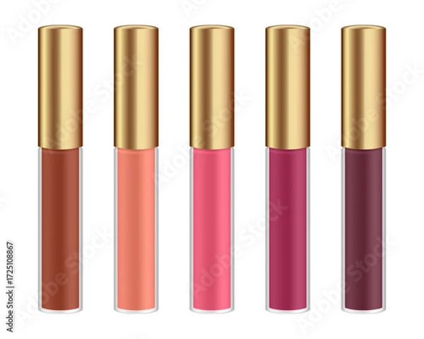 Fototapeta Set of transparent lip gloss tubes. Cosmetic product container mockup. Pink, red, burgundy, peach and brown bottles with gold cap