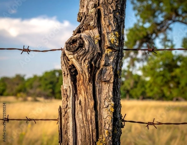 Fototapeta Rustic Wooden Fence Post in a Field.