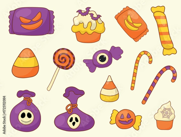Fototapeta A set of elements for Halloween: vector illustration with cute skulls, pumpkins, ghosts, lollipops and cupcakes.