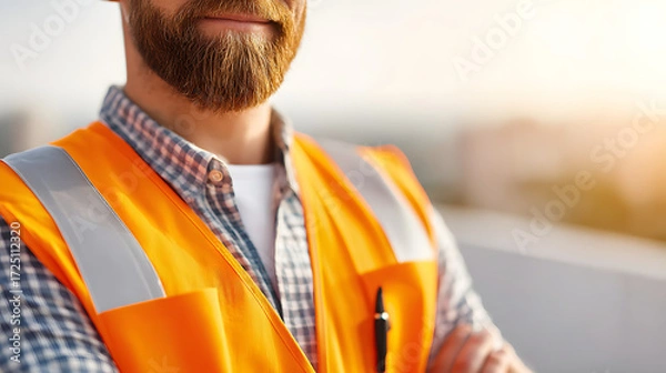 Fototapeta a confident worker in an orange safety vest smiling. This photo captures the essence of a construction site or industrial setting