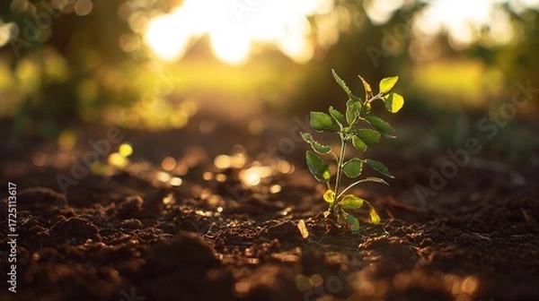 Fototapeta sapling. Young sapling emerging from rich soil, sunlight filtering through leaves in a detailed macro view.