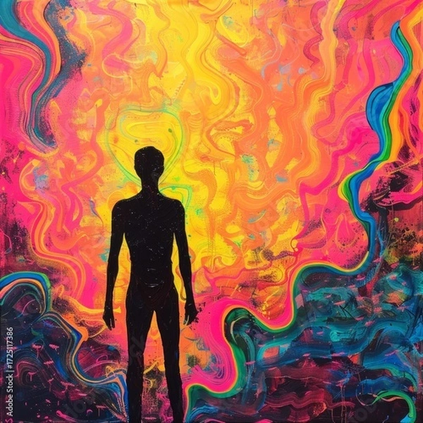Obraz The background features a vivid, psychedelic color gradient with bright yellows, pinks, and blues, creating a striking contrast with the dark silhouette of the figure.