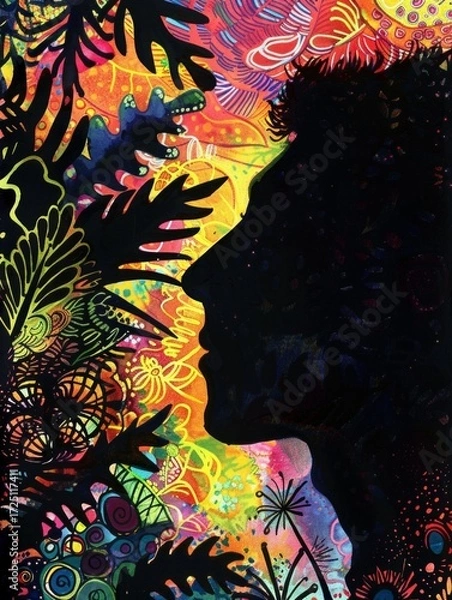 Obraz The background features a vivid, psychedelic color gradient with bright yellows, pinks, and blues, creating a striking contrast with the dark silhouette of the figure.