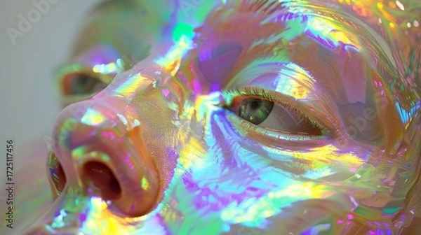 Obraz The face has a smooth, reflective surface that shimmers with an iridescent, rainbow-like gradient of colors, including purples, blues, yellows, and greens