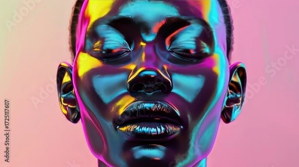 Obraz The image features a futuristic, metallic human face sculpture set against a pastel background