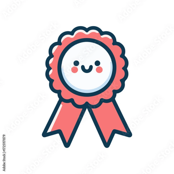 Fototapeta Cute smiling badge with a pink ribbon, symbolizing achievement and celebration
